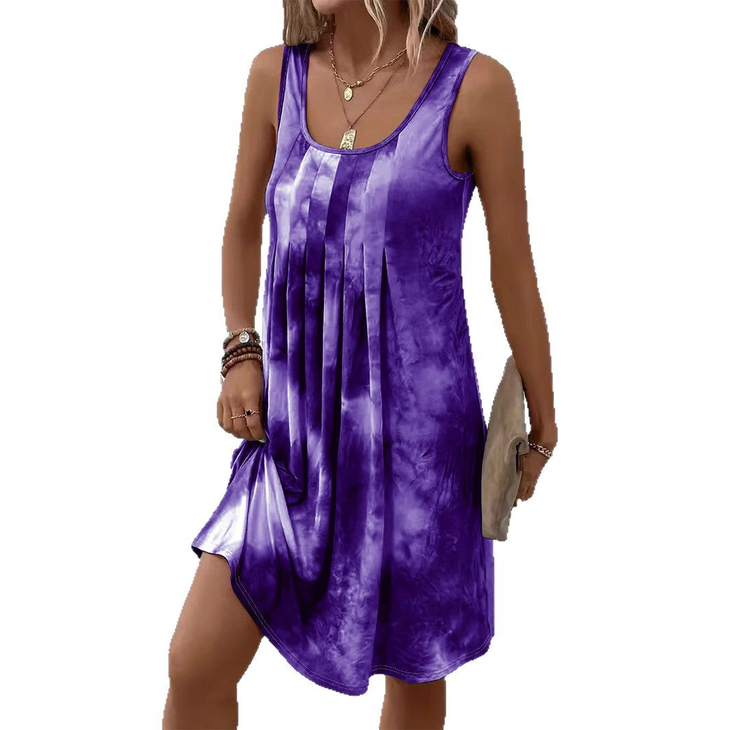 Women's Printed Round Neck Pleated Casual Sleeveless Dress