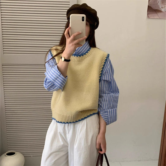 Women's Spring Stripe Round Neck Loose Bandage Dress Sleeveless Sweaters