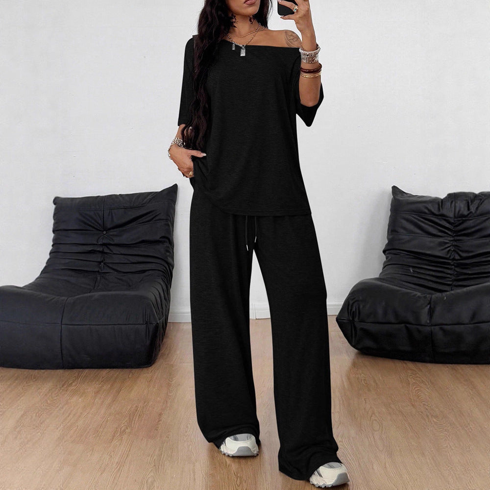 Women's Diagonal Collar Solid Color Sports Two-piece Loose Fashion Casual Suit