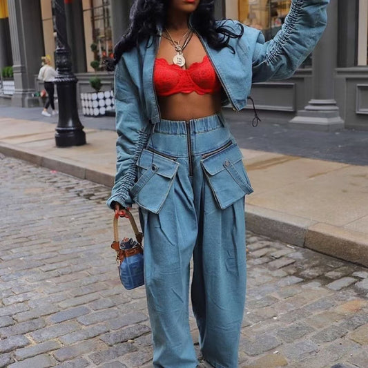Women's Fashion Retro Wide Leg Loose Denim Suits