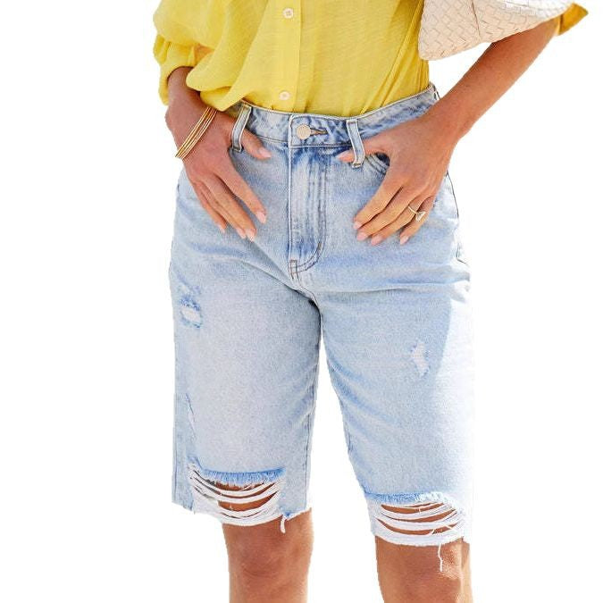 Women's Loose Mid Waist Cropped Ripped Women's Jeans