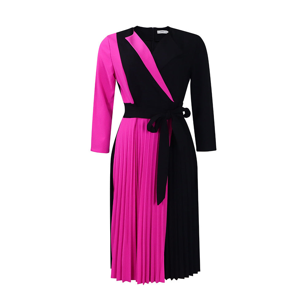 Women's Fashion Temperament Color Matching Bandage Pleated Skirts