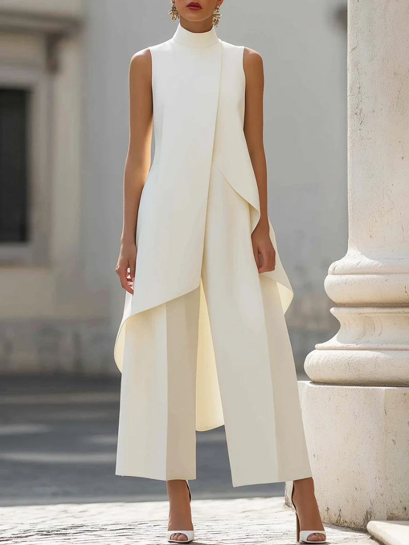 Commuter Slimming Irregular Design Turtleneck Sleeveless Laminated Pants