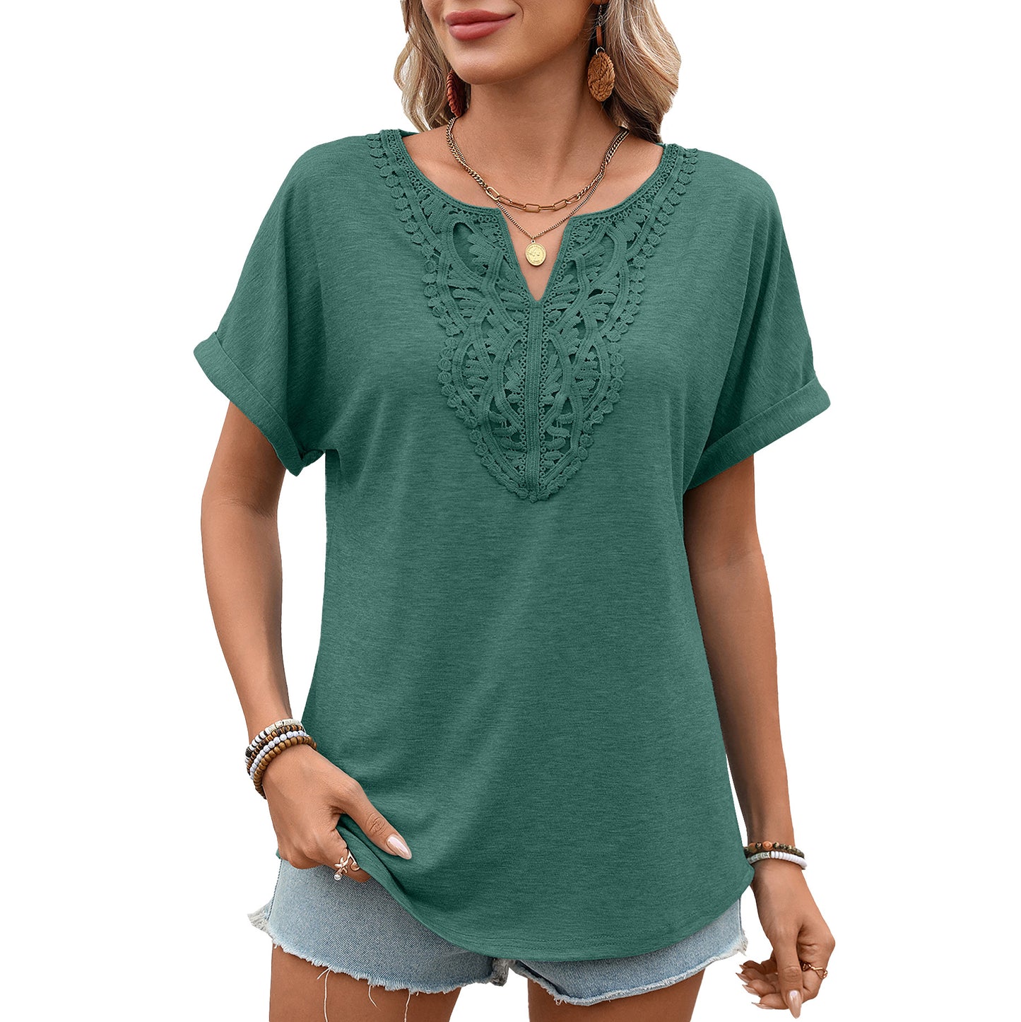 Women's Solid Color Lace Loose Sleeve Women's T-shirt