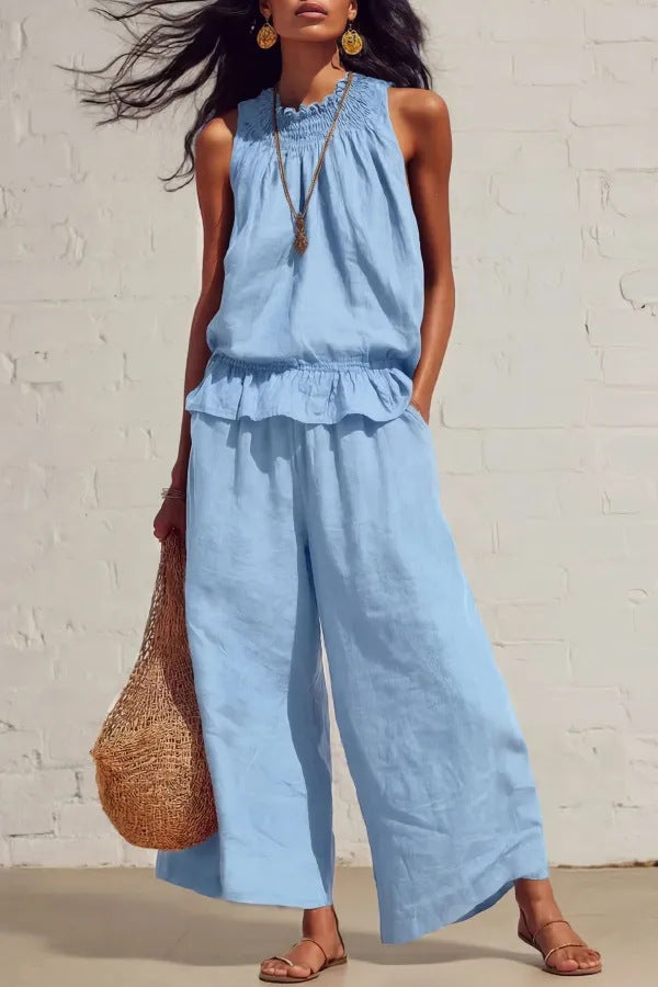 Sleeveless Cool Elastic Waist Design Wide Tops