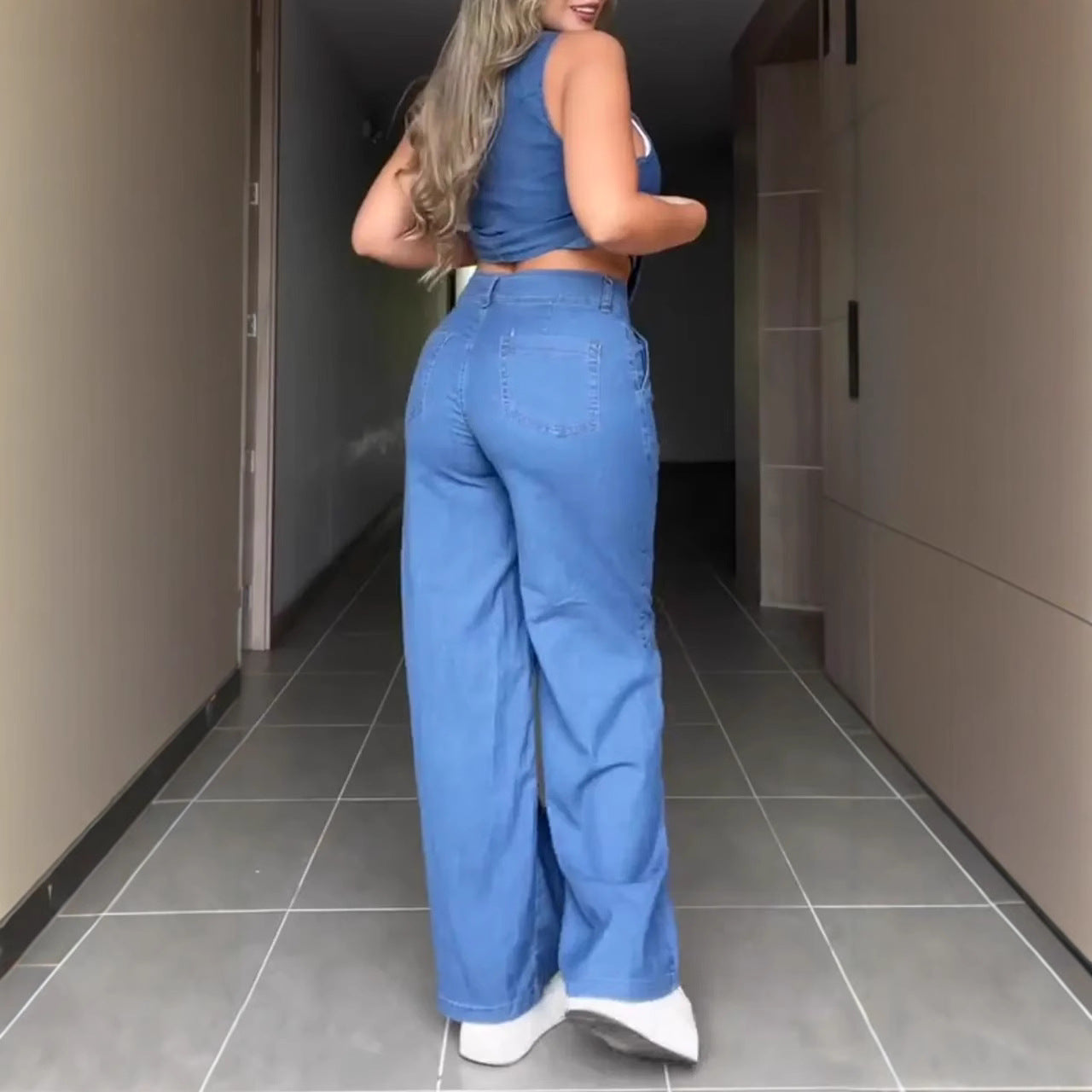 Solid Color Fashion Sleeveless Denim Two-piece Suits