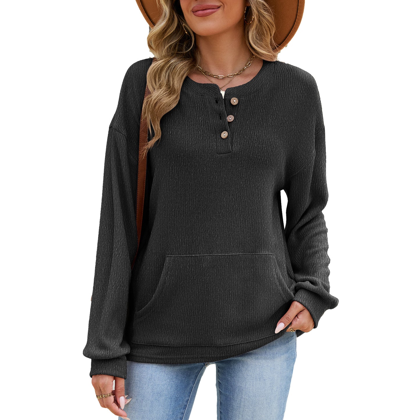 Women's Color Round Neck Button Loose Long Sleeve Pocket Women's Sweater, Sweater