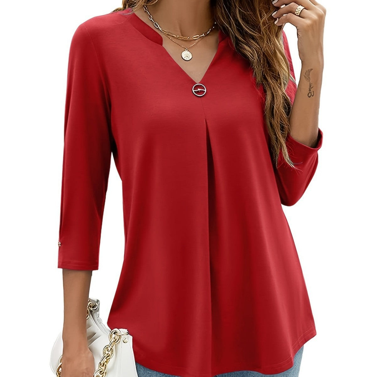 Women's Three-quarter Sleeve Solid Color Clinch Pleated Women's T-shirt