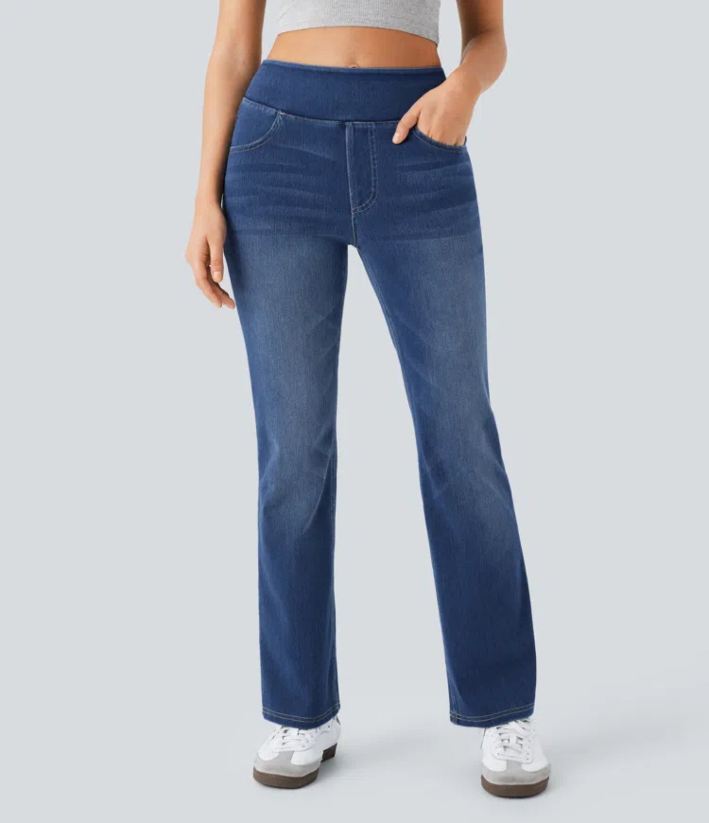Women's Washed High Waist Straight Stretch Slim Fit Draped Jeans