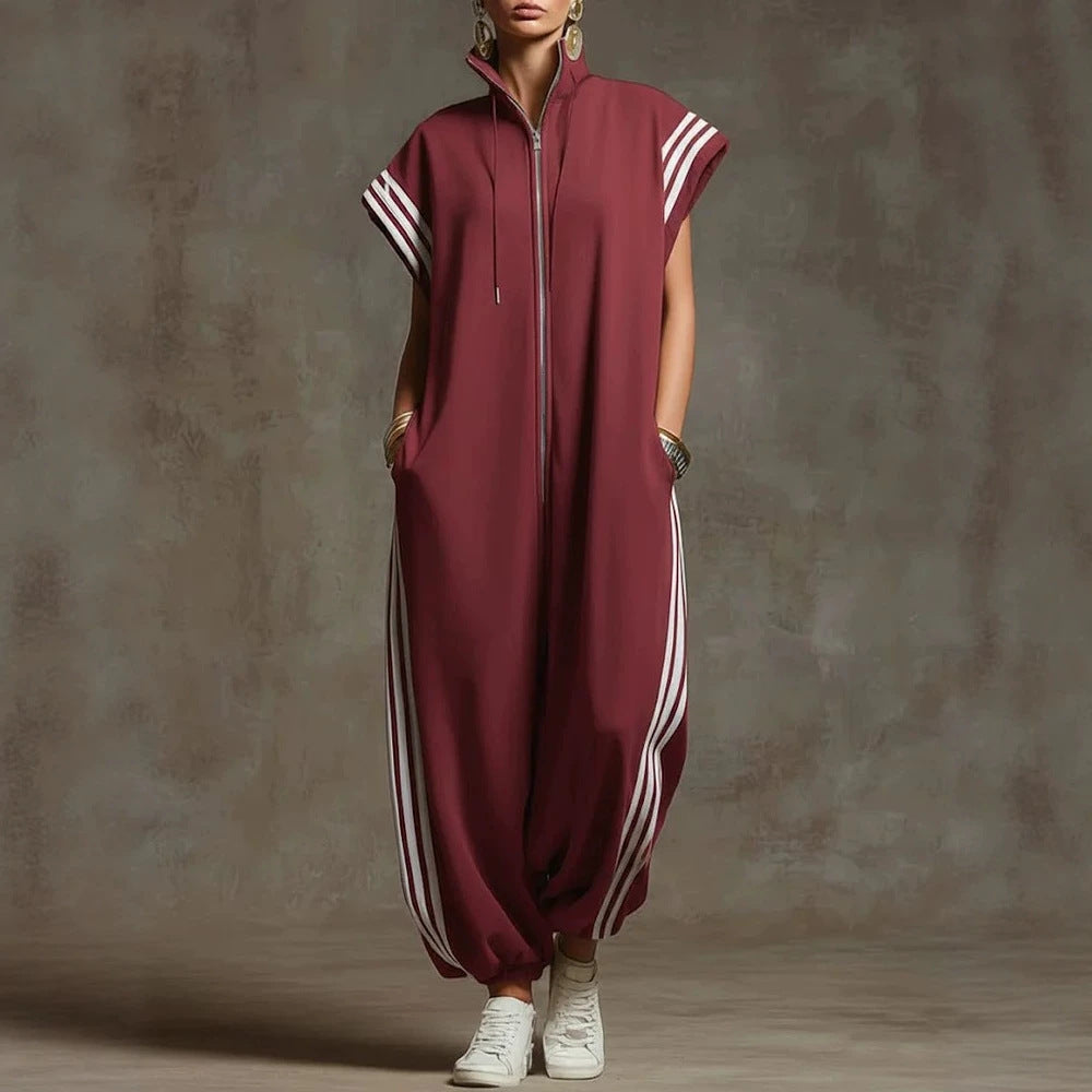Zipped Stand Collar Striped Contrast Color Fashion Quick Women's Jumpsuit/clothing