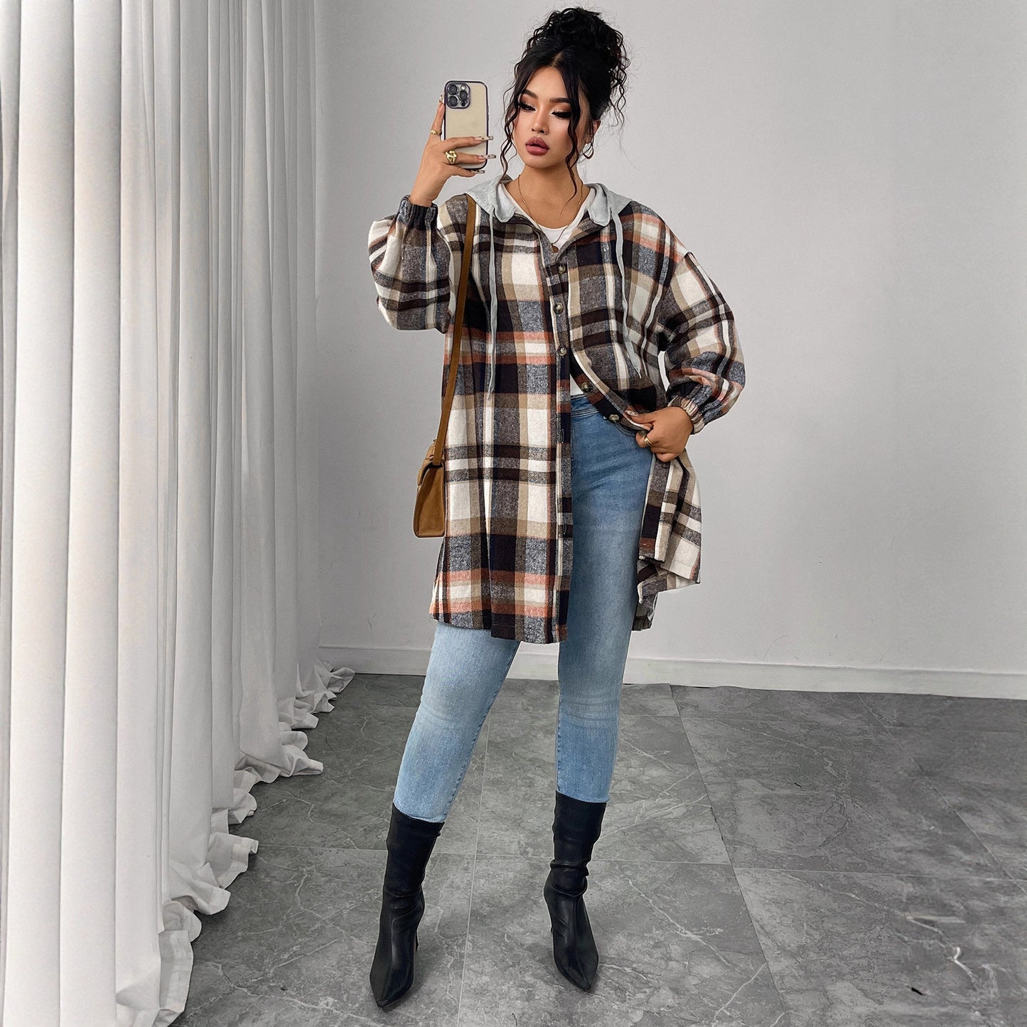 Plaid Versatile Loose Artistic Retro Hooded Coats
