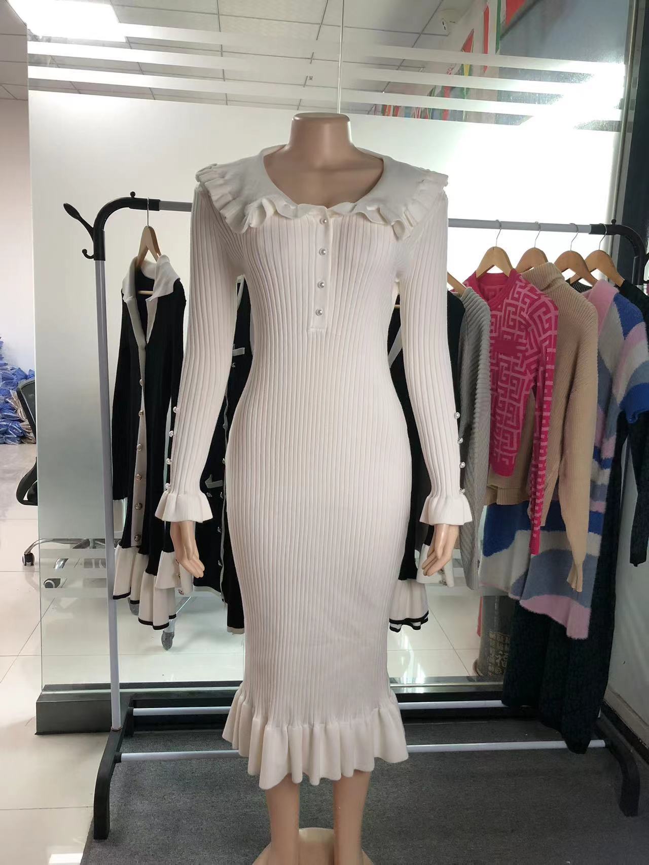 Retro Lady French Dress Ruffled Knitted Dresses