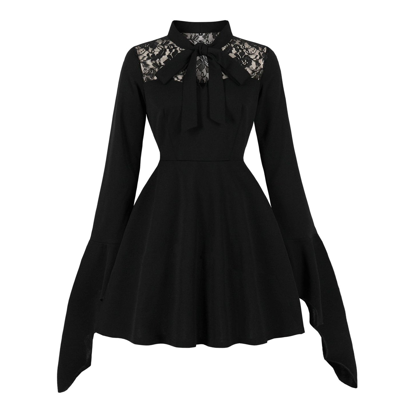 Women's Embroidered Lace Stitching Bow Batwing Sleeve Dresses
