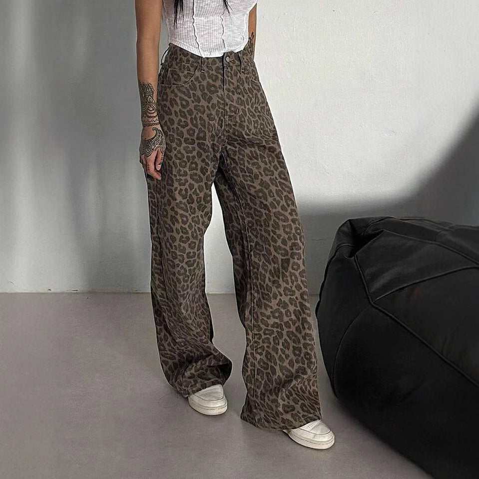 Women's Leopard Print Retro Design Niche Loose Women's Jeans