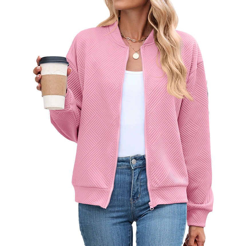 Solid Color Round Neck Loose Zip Long Sleeve Uniform