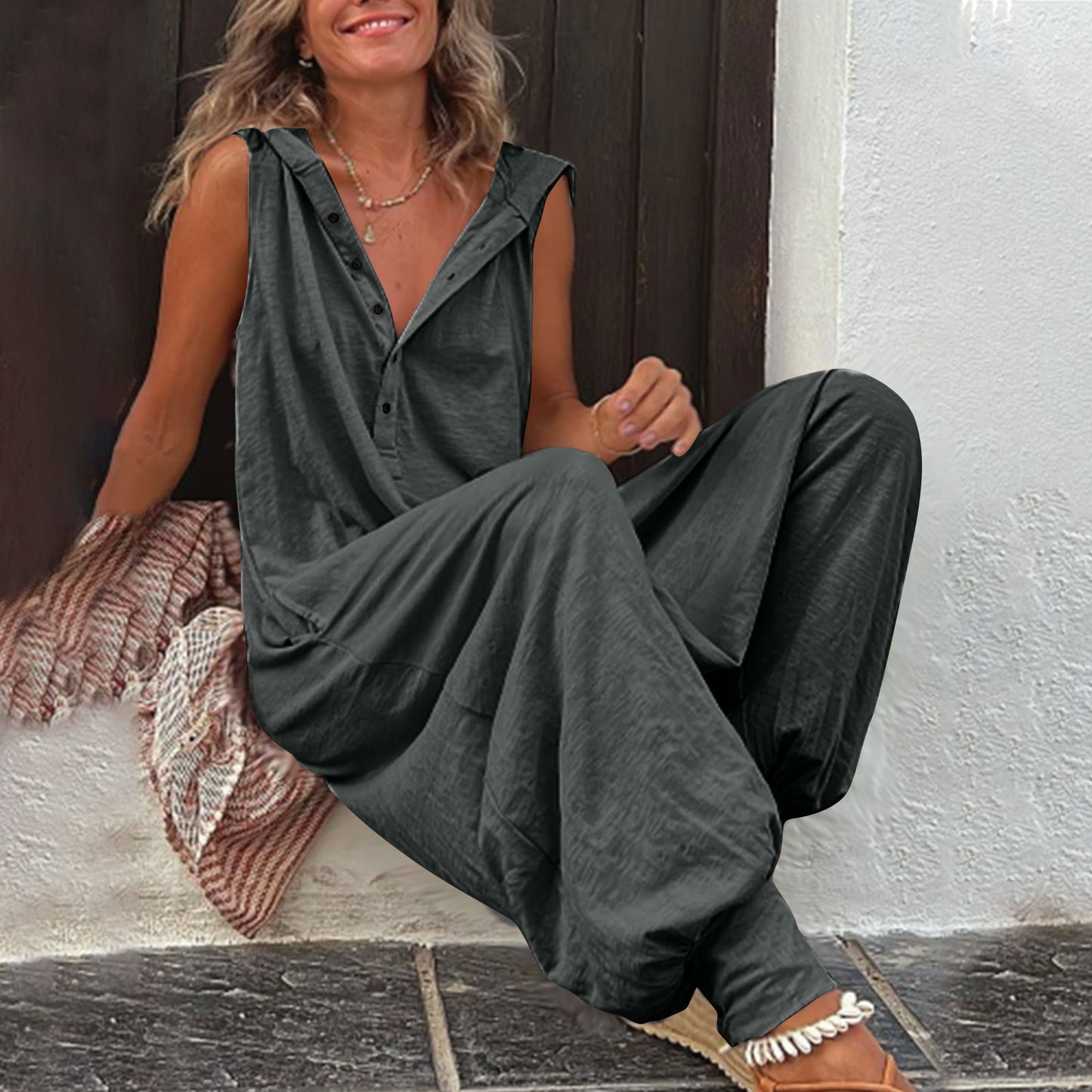 Women's Baggy Solid Color Buttons Hooded Trousers Pants