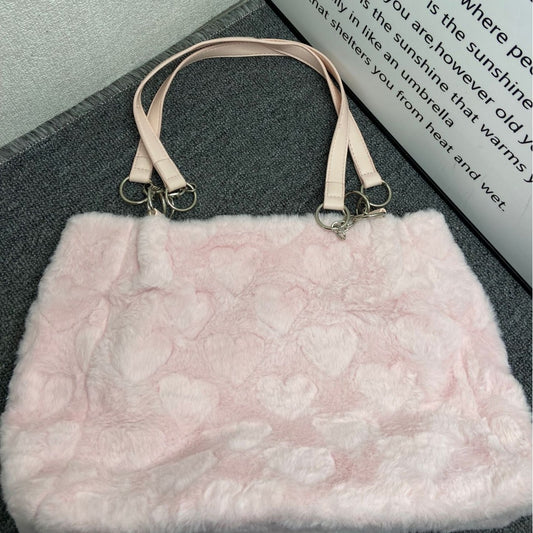 Large Capacity Plush Loving Heart Cute Furry Shoulder Bags