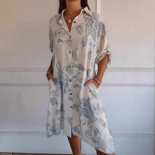 Women's Flora Creative Pattern Fashion Long Sleeve Lapel Dress