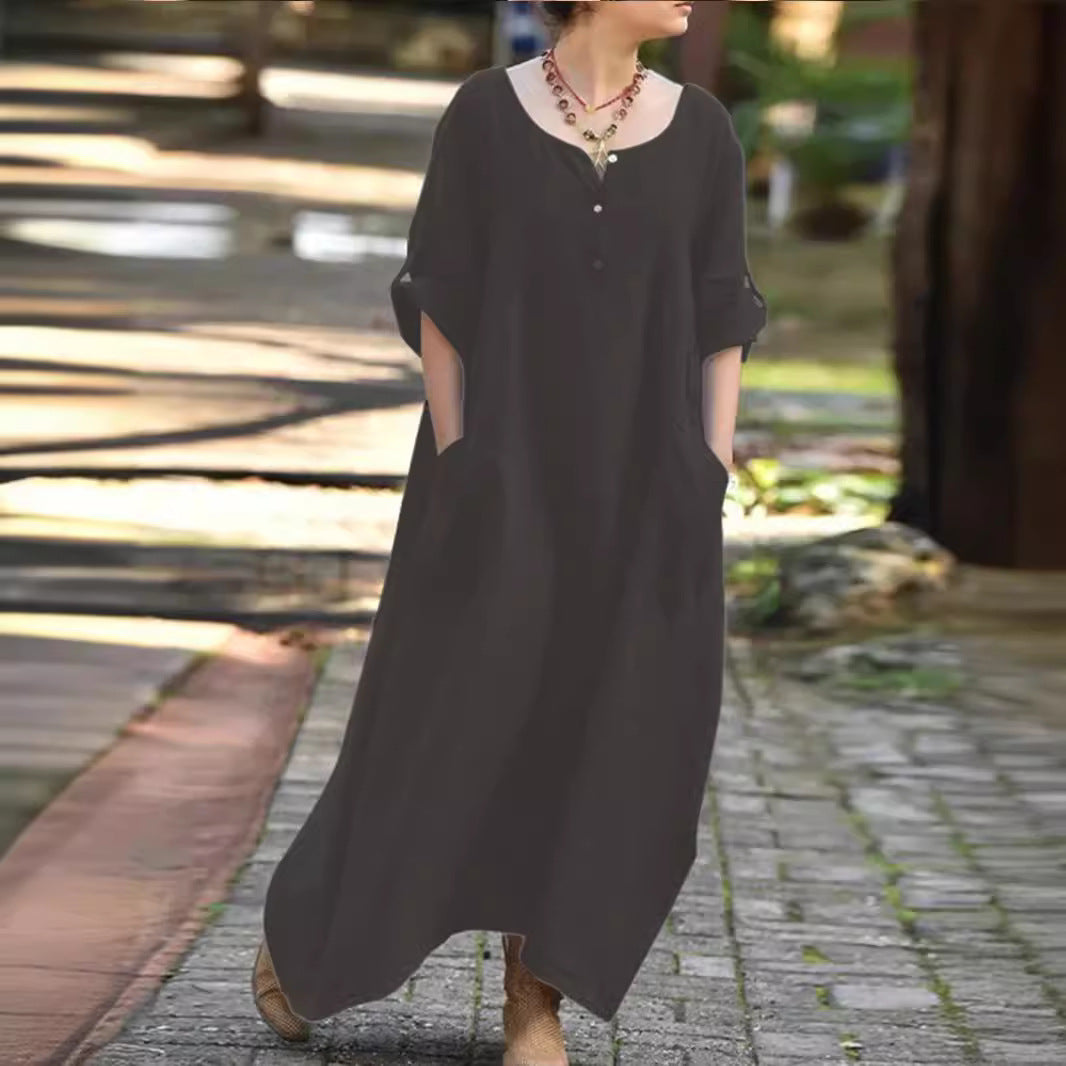 Women's Casual Loose Long Sleeve Pocket Party Cotton Linen Dress