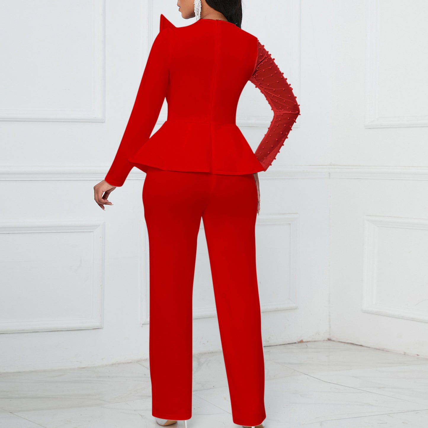 Long Sleeve Temperament Mesh Splicing Beads Slimming Women's Jumpsuit/clothing