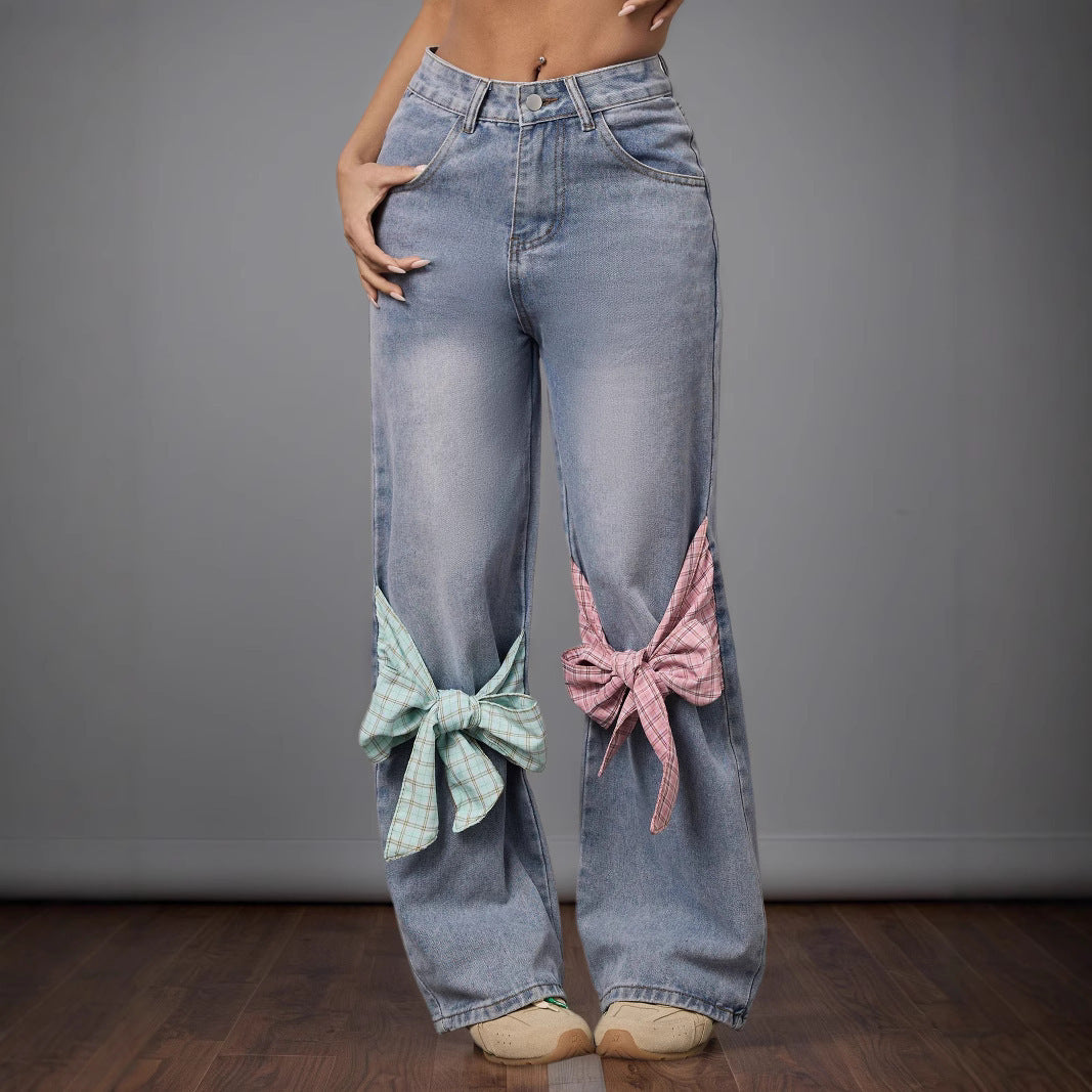 Women's Bow Design High Waist Wide Leg Jeans