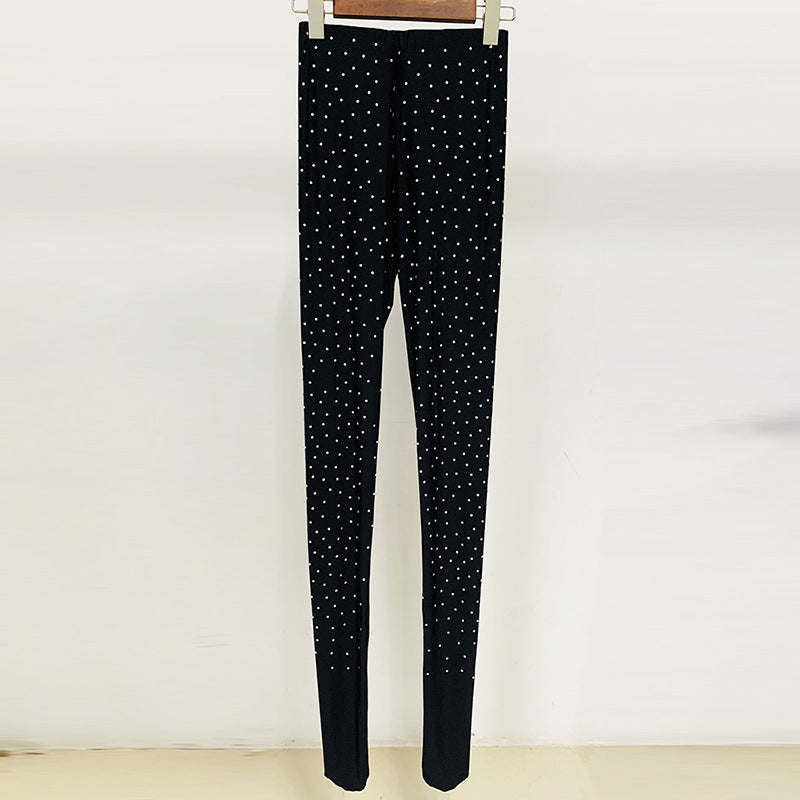 Rhinestone Stretch Turtleneck Bottoming Shirt Pleated Leggings