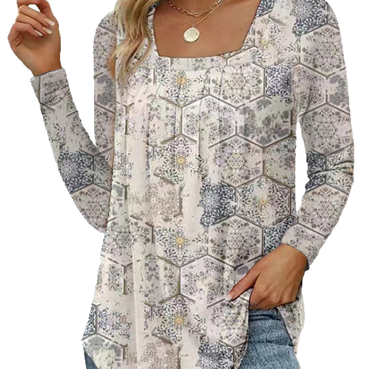 Women's Bohemian Style Ladies Pleated Square Collar Long Sleeve Swallowtail Women's T-shirt