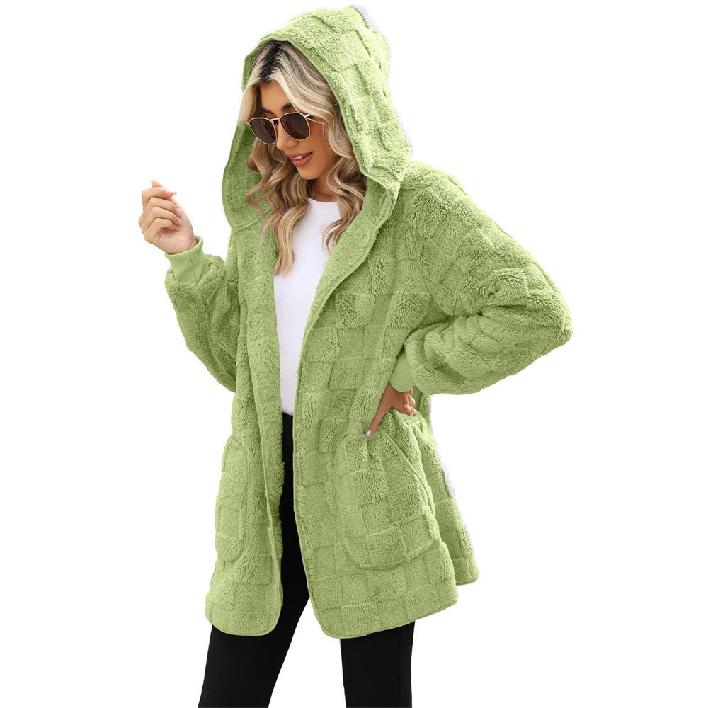 Women's Winter Plaid Jacquard Hooded Pocket Plush Women's Sweater, Sweater