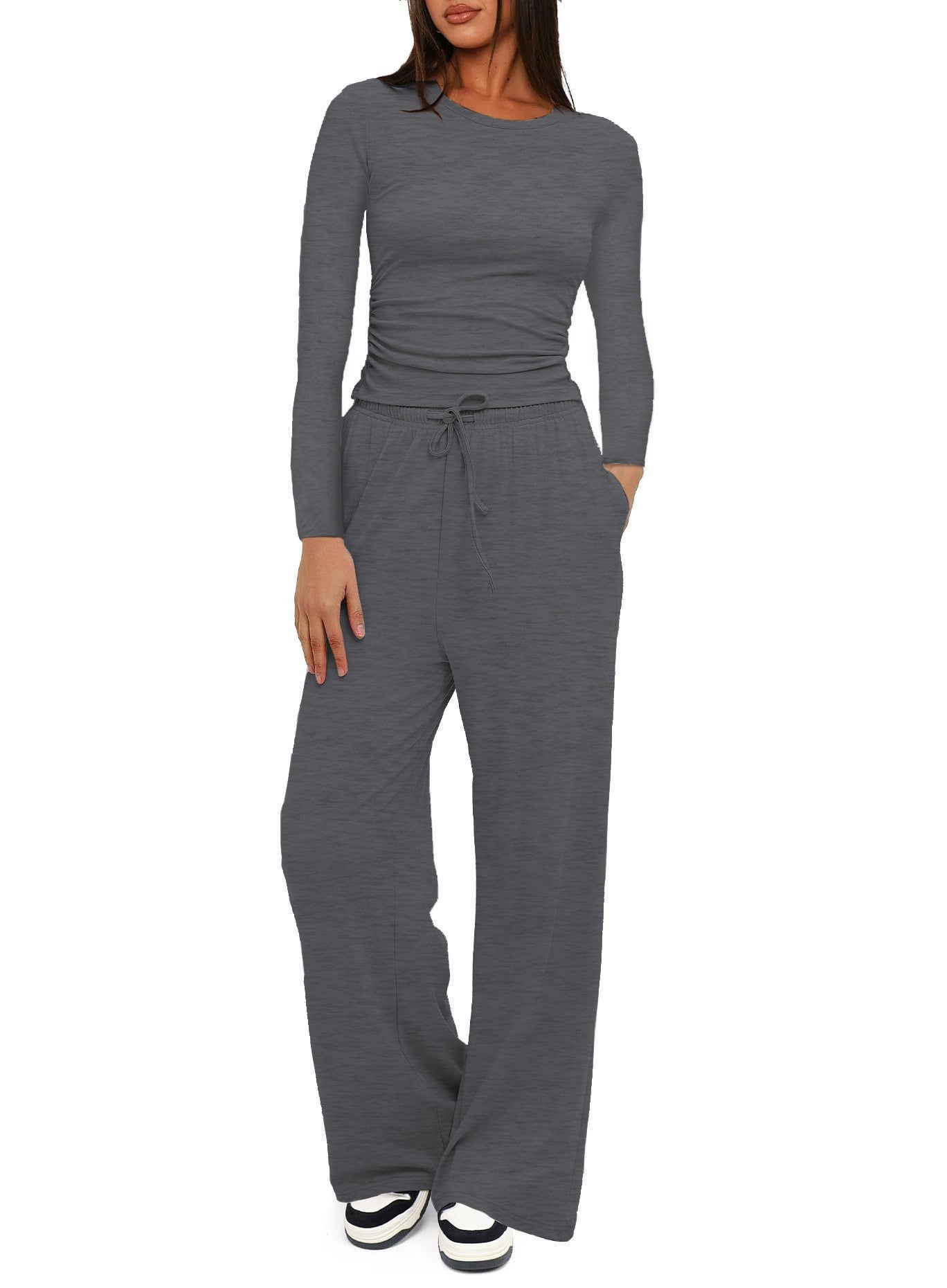 Solid Color Long Sleeves Outfit High Waist Wide Tops