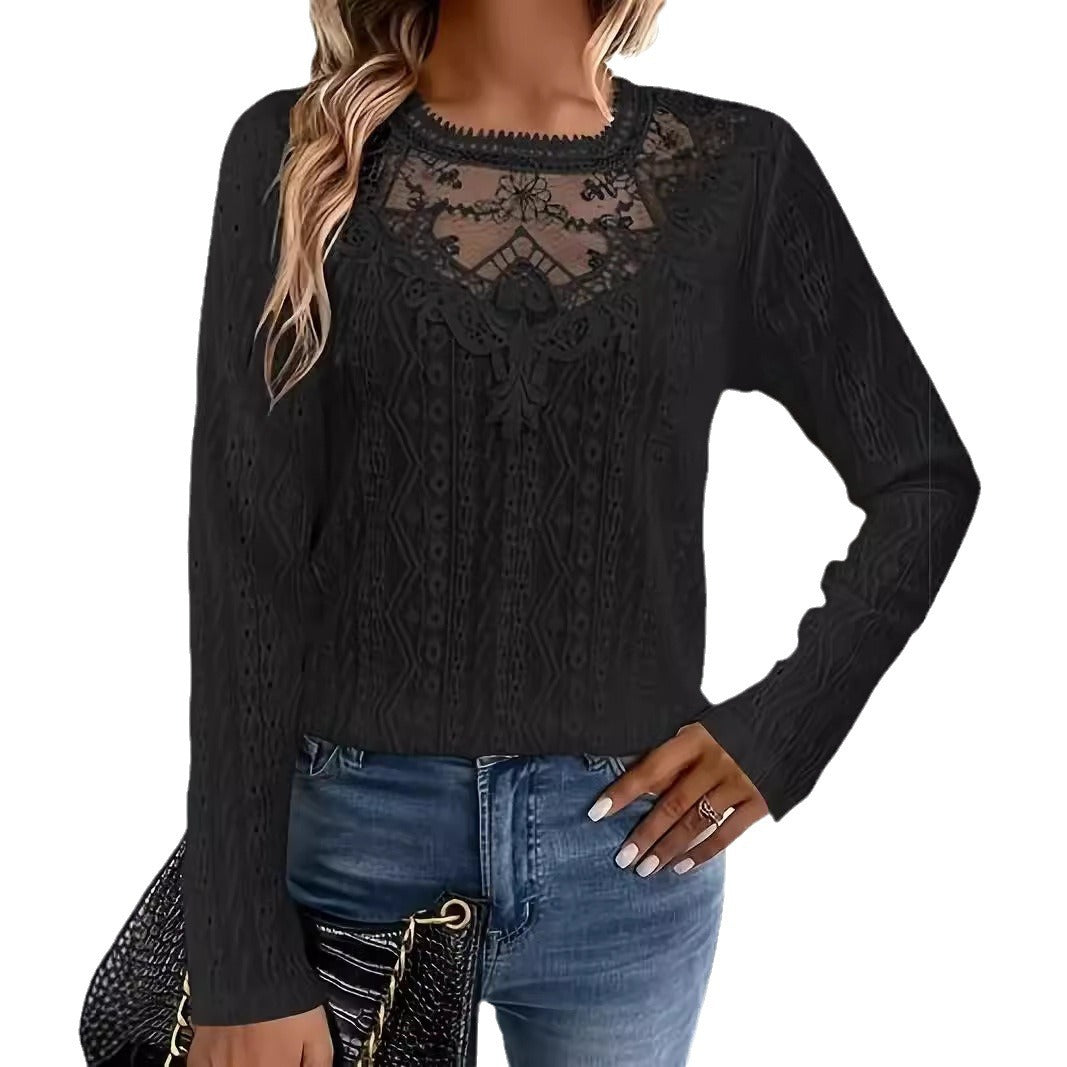 Solid Color Lace Stitching Hollow Long Women's T-shirt