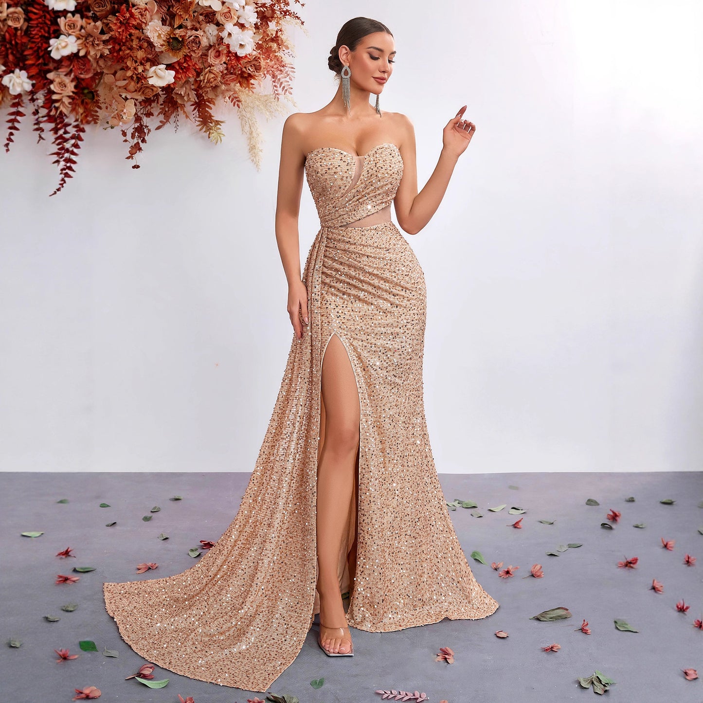 Sequined Tube Sexy High Waist Slit Fishtail Banquet Dress