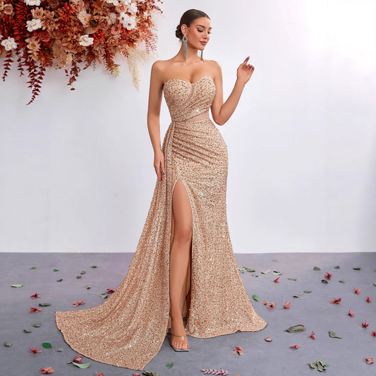 Sequined Tube Sexy High Waist Slit Fishtail Banquet Dress