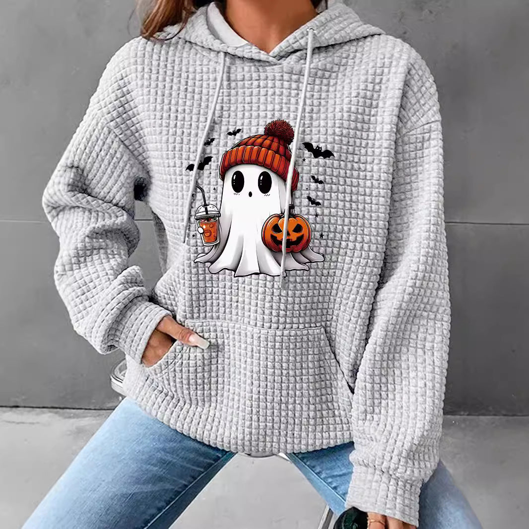 Women's Waffle Hooded Long-sleeved Halloween Printed Loose Sweaters