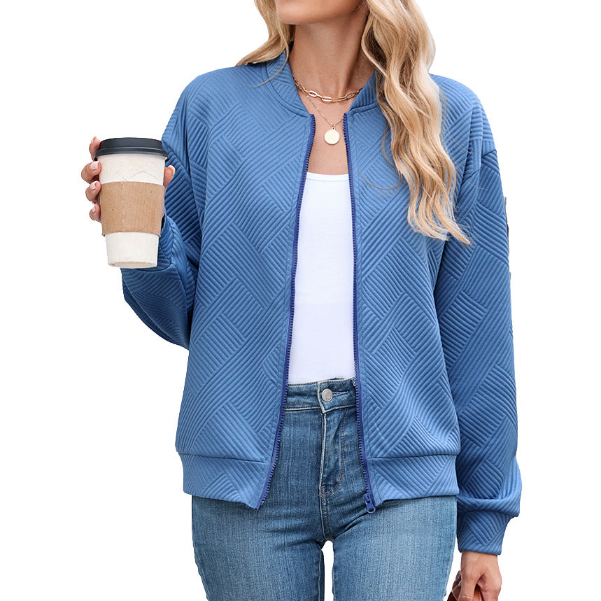 Solid Color Round Neck Loose Zip Long Sleeve Uniform
