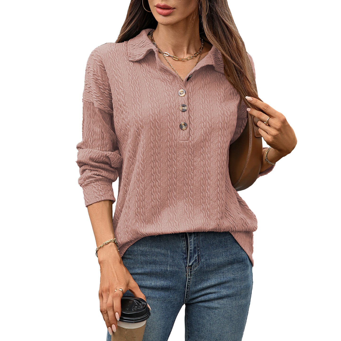 Women's Solid Color Polo Collar Button Loose Long Sleeve Women's Sweater, Sweater