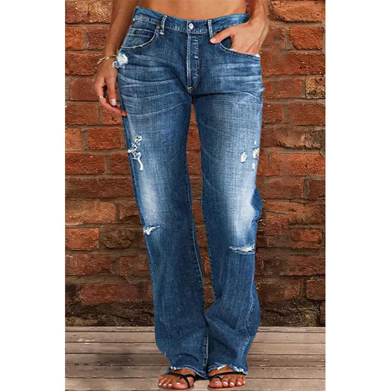 Women's Denim Trousers Trendy Mid Waist Ripped Jeans