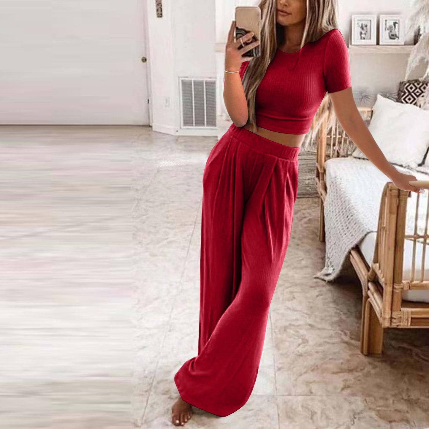 Women's Sleeve Solid Color Knit Home Two-piece Suits