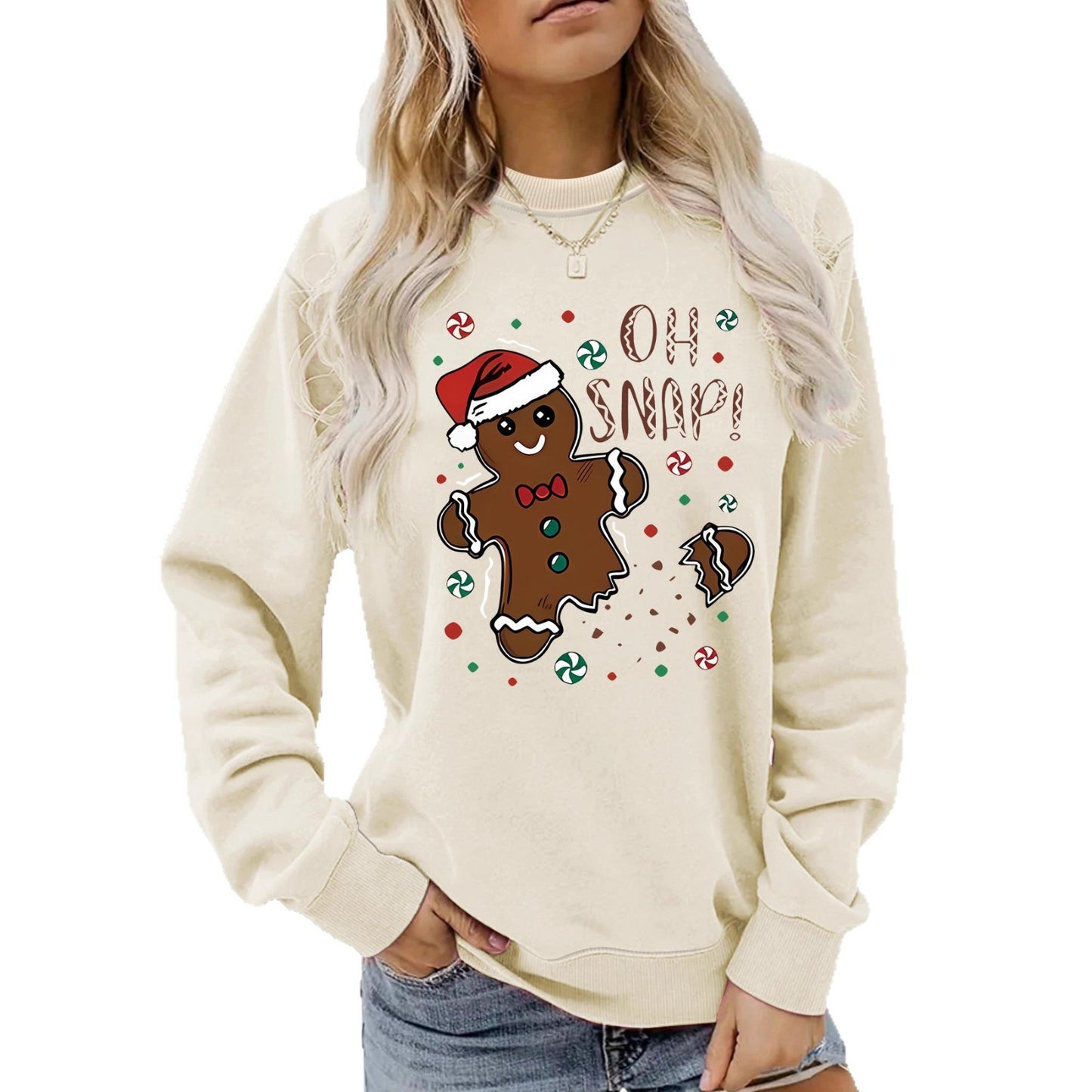 Female Round Neck Christmas Gingerbread Pattern Printing Casual Long Women's Sweater, Sweater
