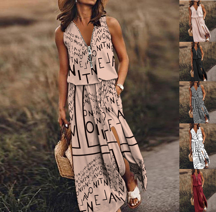 Women's Sleeveless Long Casual Waist Zipper Letter Dress
