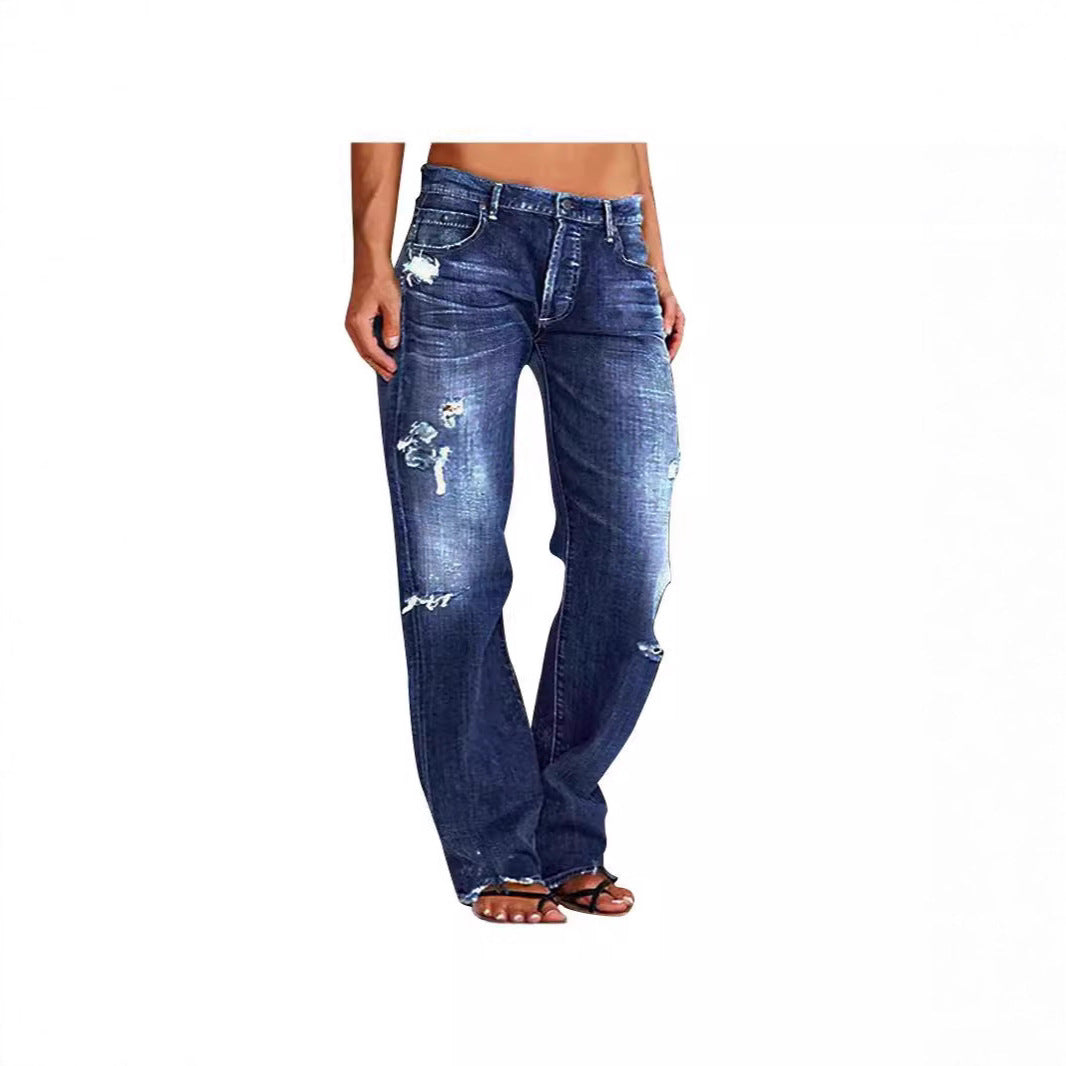 Women's Denim Trousers Trendy Distressed Ripped Leisure Pants