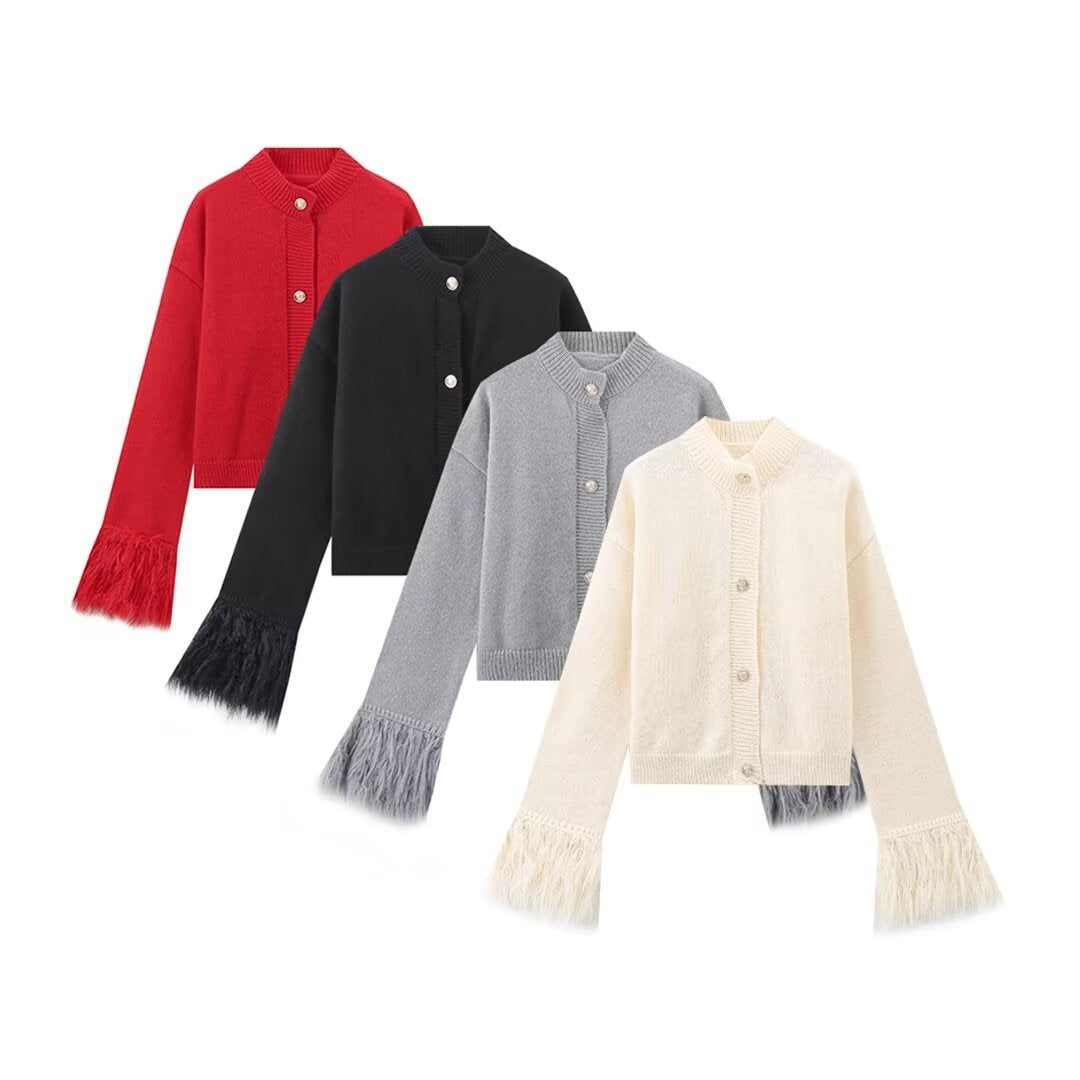Women's Elegant Graceful Red Feather Design Knitted Knitwear
