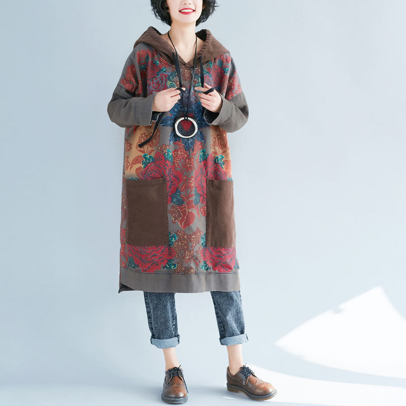 Women's Hooded Mid-length Ethnic Print Retro Distressed Dresses