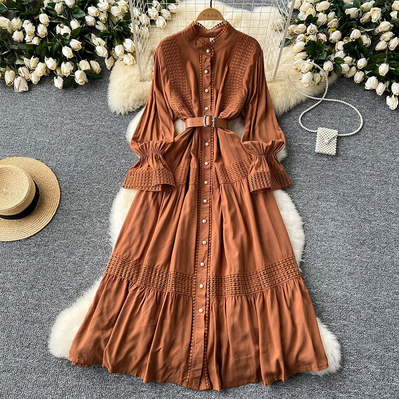 Women's Dress Stand-up Collar Flared Sleeves Waist Single-breasted Dresses