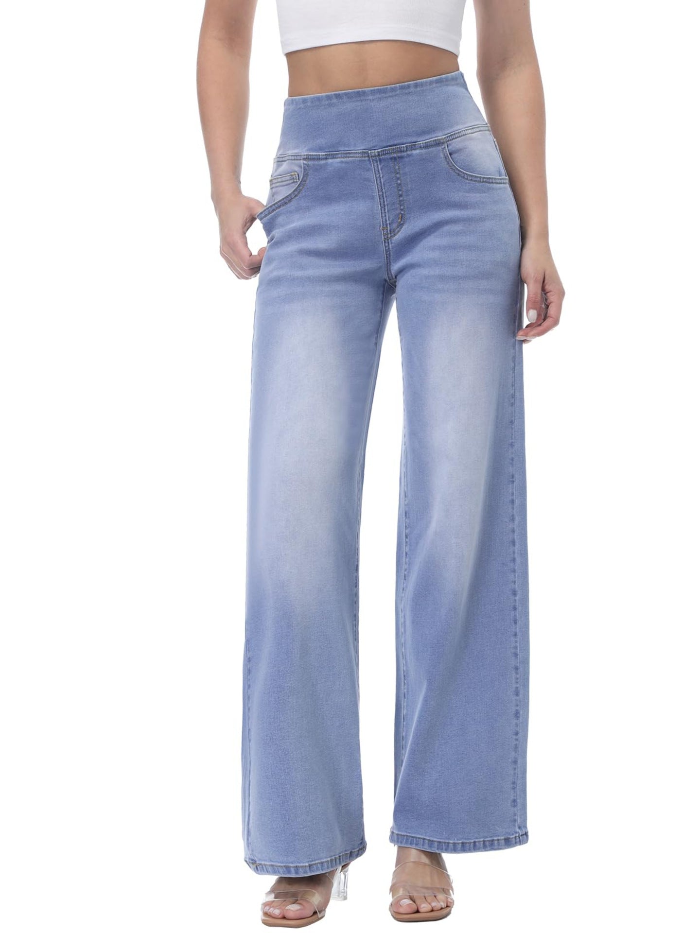 Women's Elastic Fashion Belly Contracting Strap Pocket Jeans