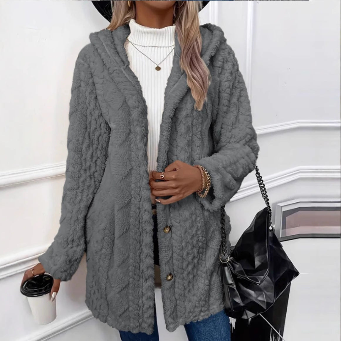 Hooded Solid Color Button Long Sleeve Women's Sweater, Sweater
