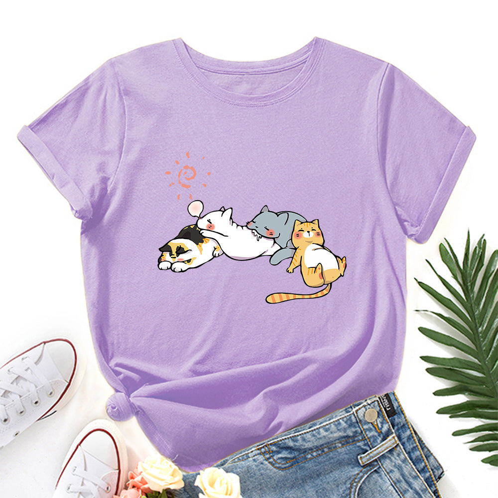Women's Sleeping Cat Printing Loose Round Neck Sleeve Women's T-shirt