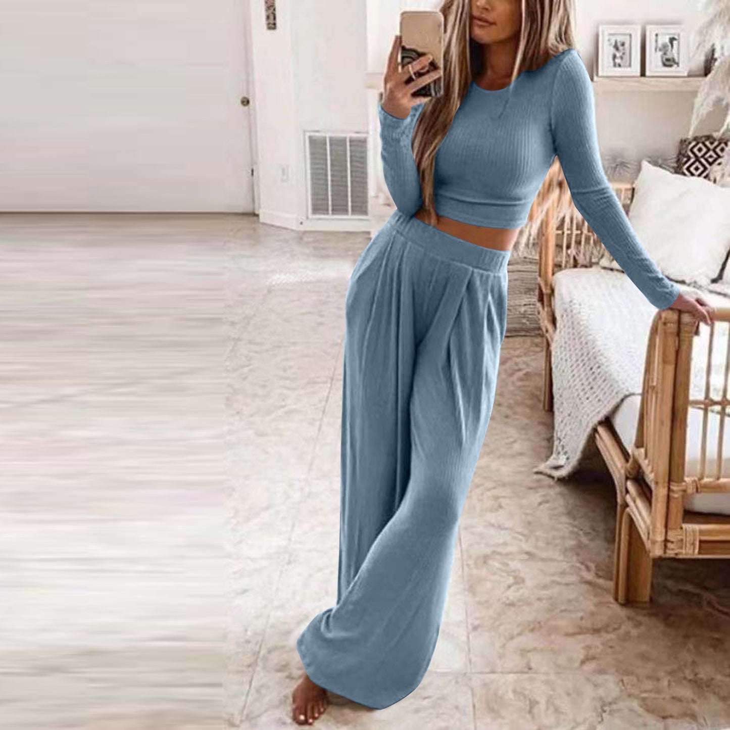 Women's Solid Color Knit Home Two-piece For Fashion Casual Suit