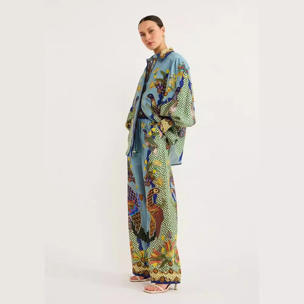 Women's Personalized Printed Puff Sleeve Vacation Lace Fashion Casual Suit