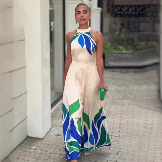 Women's Summer Printed Sexy Dew Sleeveless Flared Jumpsuits