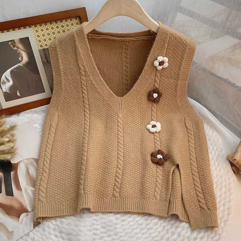 Artistic Retro Split Solid Color Three-dimensional Flower Loose Outer Women's Vest